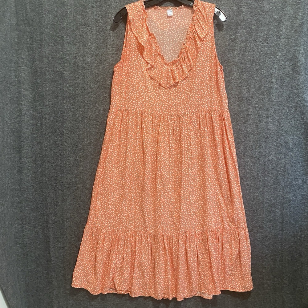 Old Navy Maxi Dress Women L Orange Floral Tiered Ruffle Boho Cottagecore Prairie